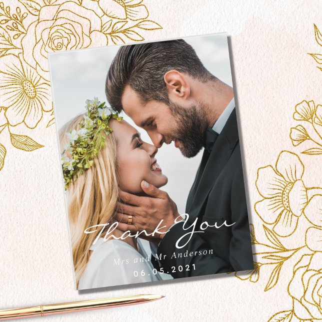 Photo thank you wedding modern script postcard (Creator Uploaded)