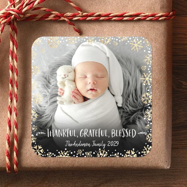 Photo Thankful Grateful Blessed Gold Snowflake Square Sticker (Creator Uploaded)