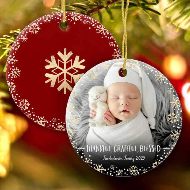 Photo Thankful Grateful Blessed Snowflake Holiday Ceramic Tree Decoration (Creator Uploaded)