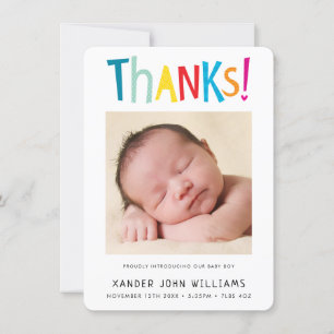 PHOTO THANKS modern new baby colourful type Thank You Card