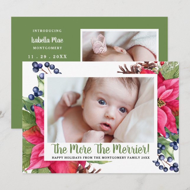 Photo The More The Merrier Poinsettia Holiday Baby Announcement (Front/Back)
