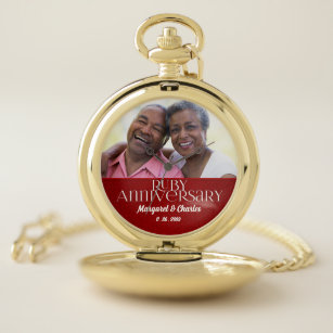 Photo Themed Ruby Red Anniversary Names and Date Pocket Watch