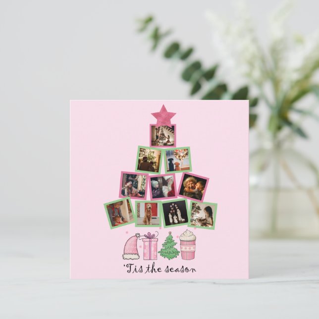 Photo Tis the Season Pink & Green Christmas Holiday Card (Standing Front)