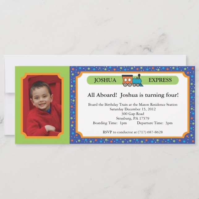 Photo Train Ticket - Blue & Green Invitation (Front)