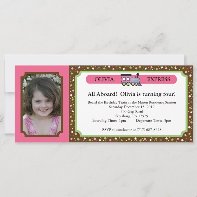 Photo Train Ticket - Pink & Brown Invitation (Front)