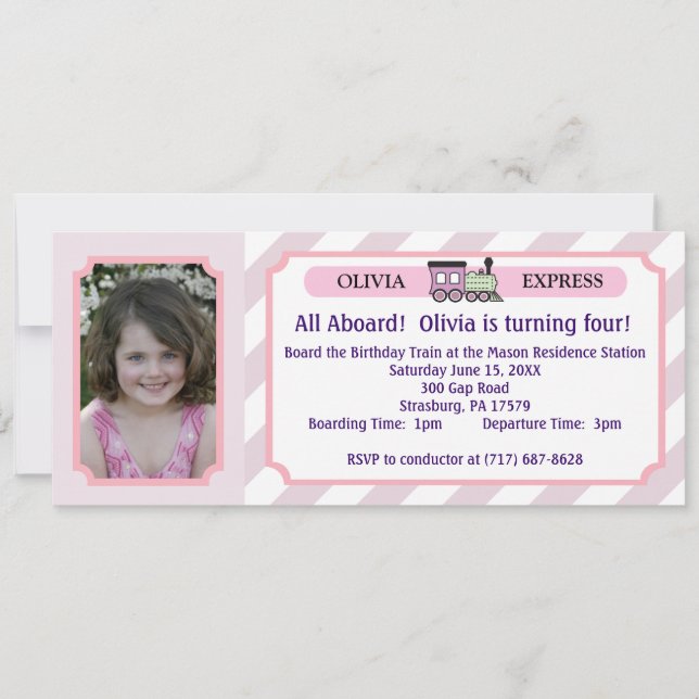 Photo Train Ticket - Pink Stripes Invitation (Front)