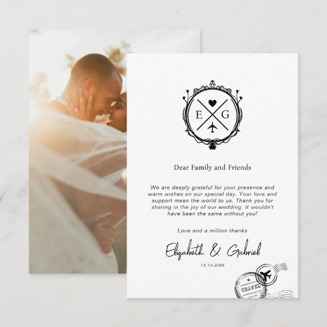 Photo Travel Destination Wedding Black Thank You Card (Front/Back)