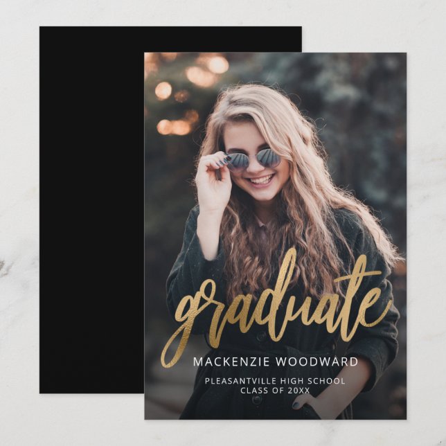 Photo Trendy Gold Script Graduation Announcement (Front/Back)
