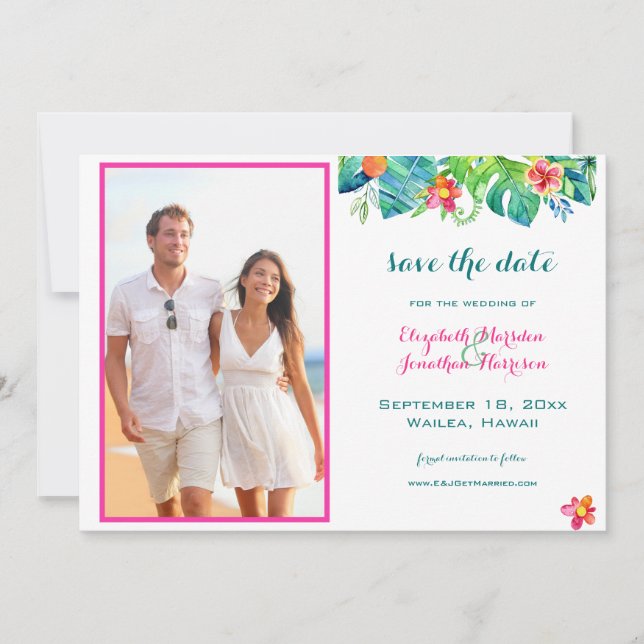 Photo Tropical Beach Berry Pink Teal Blue Floral Save The Date (Front)
