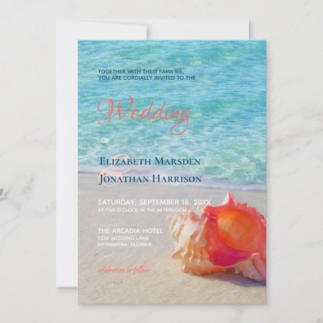 Photo Tropical Beach Conch Shell Modern Wedding Invitation (Front)