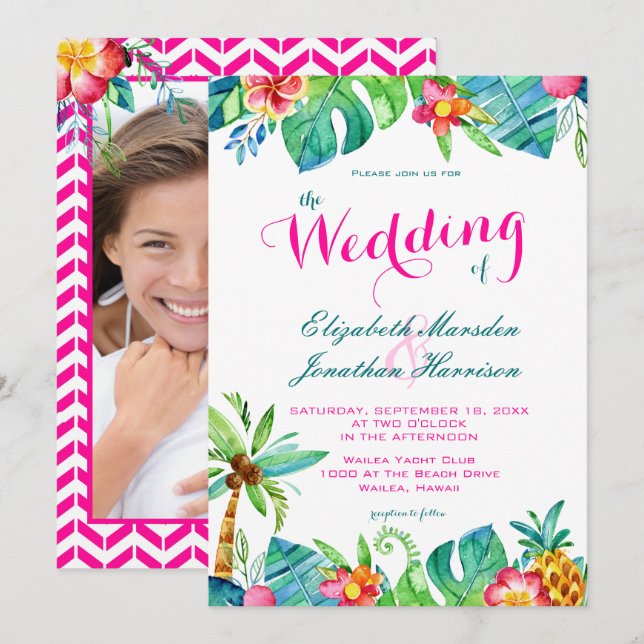 Photo Tropical Berry Pink Teal Floral Wedding Invitation (Front/Back)