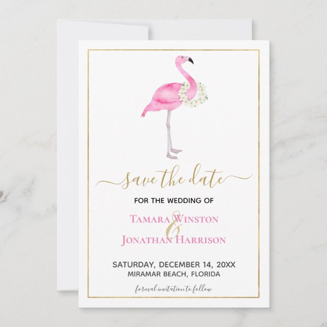 Photo Tropical Pink Flamingo Magnolias Beach Save The Date (Front)