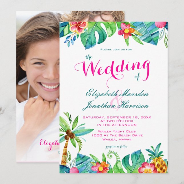 Photo Tropical Pink Teal Floral Chevron Wedding Invitation (Front/Back)