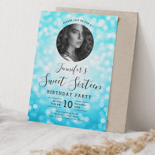 PHOTO Turquoise Bokeh Lights Sweet 16 Party Invitation