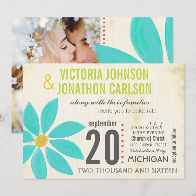 Photo Turquoise Daisy Wedding Invitations (Front/Back)