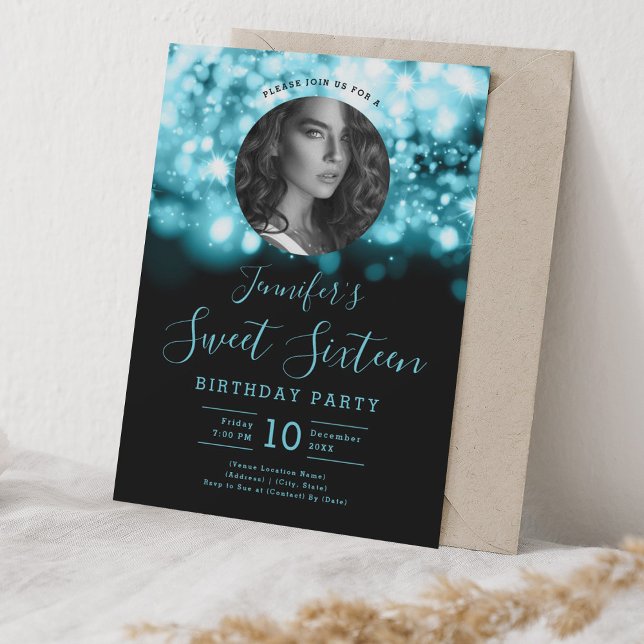 PHOTO Turquoise Hollywood Lights Sweet 16 Party Invitation (PHOTO Turquoise Hollywood Lights Sweet 16 Party Invitation)