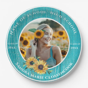  Photo Turquoise Sunflower Yellow Graduation  Paper Plate