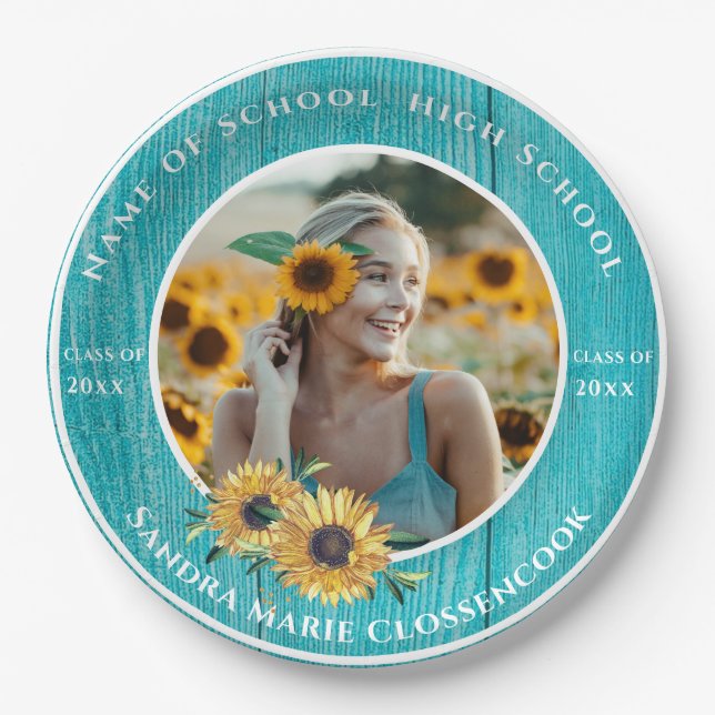  Photo Turquoise Sunflower Yellow Graduation  Paper Plate (Front)