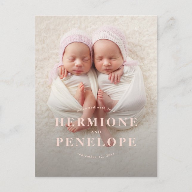Photo twin modern typographic pink girly birth holiday postcard (Front)