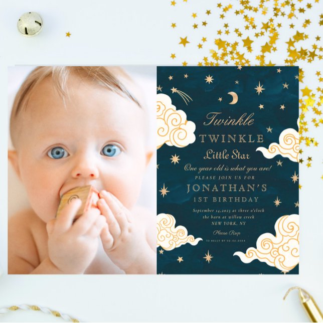 photo Twinkle Little Stars Cute Moon 1st Birthday Invitation (Creator Uploaded)