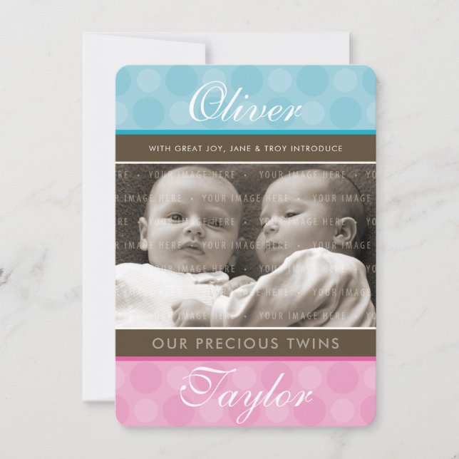PHOTO TWINS BIRTH ANNOUNCEMENT cute boy + girl (Front)