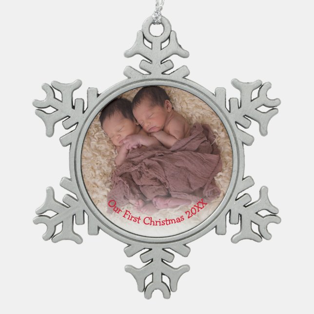 Photo Twins Red Babys First Christmas Snowflake Pewter Christmas Ornament (Front)