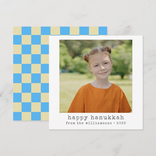 Photo Typewriter Retro Blue Chequerboard Hanukkah Holiday Card (Front/Back)