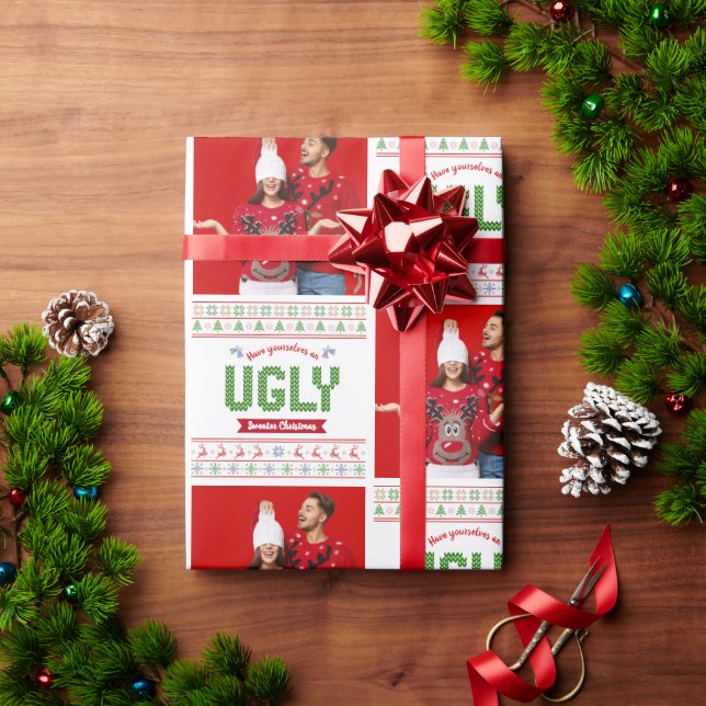 Photo Ugly Christmas Sweater Red Green Nordic Knit Wrapping Paper (Holiday Gift)