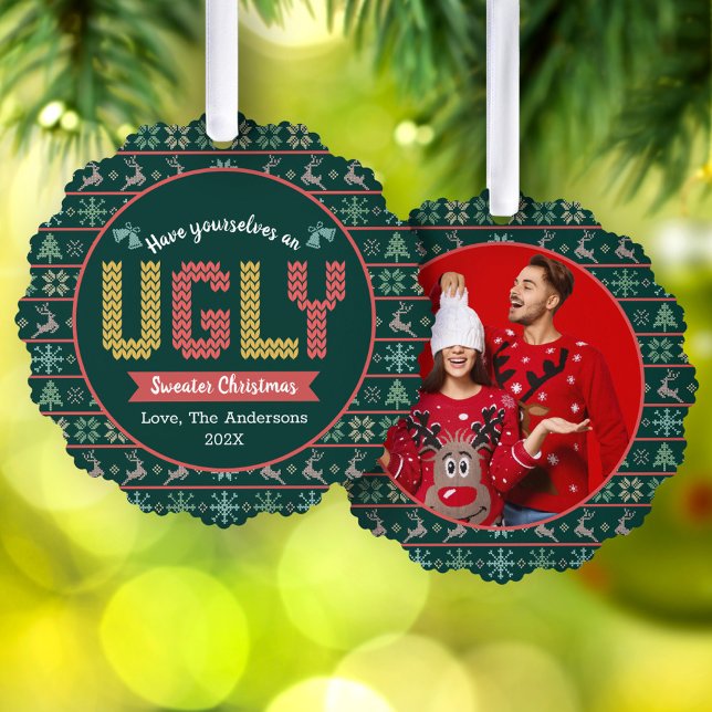 Photo Ugly Sweater Christmas Nordic Green Holiday Tree Decoration Card (Creator Uploaded)
