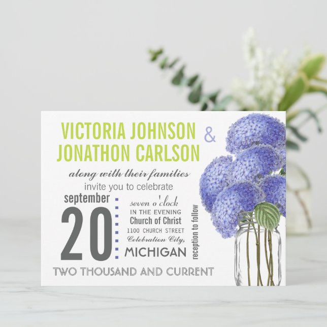 Photo Ultra Viole Lime Hydrangea Mason Jar Wedding Invitation (Standing Front)