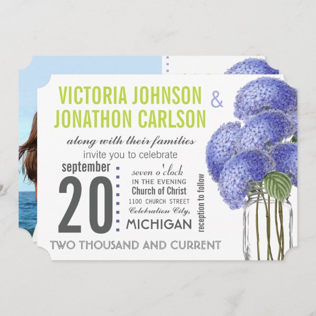 Photo Ultra Viole Lime Hydrangea Mason Jar Wedding Invitation (Front/Back)