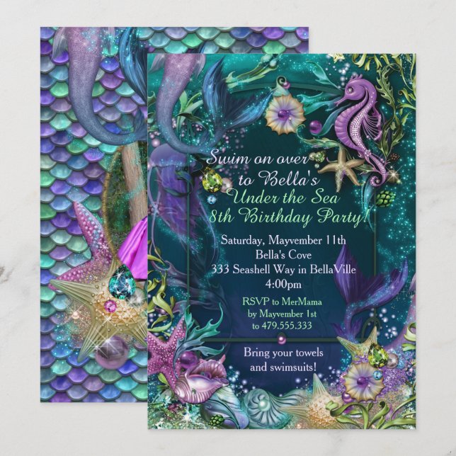 Photo Under the Sea Mermaid Birthday Invitations (Front/Back)