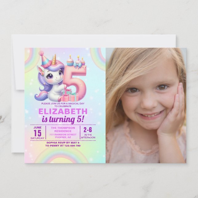 Photo Unicorn 5th Birthday – Rainbow Girl party Invitation (Front)