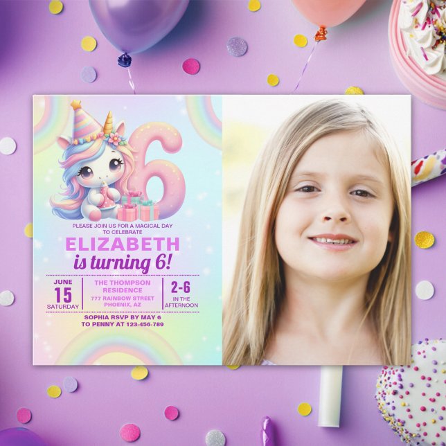 Photo Unicorn 6th Birthday – Rainbow Girl party Invitation (Creator Uploaded)