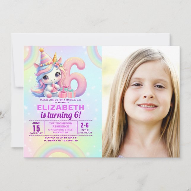 Photo Unicorn 6th Birthday – Rainbow Girl party Invitation (Front)
