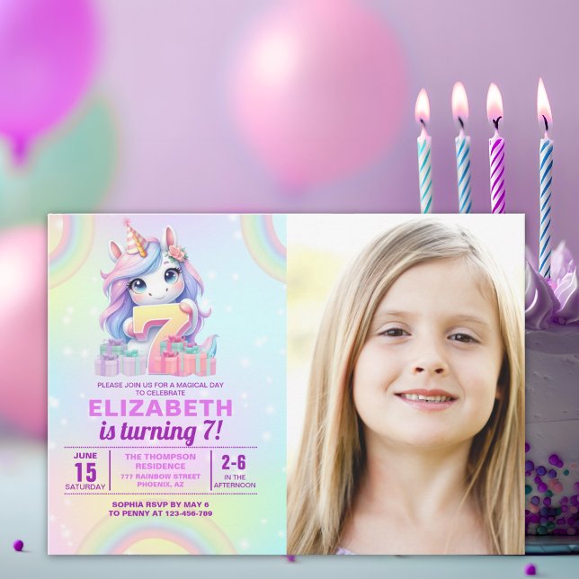 Photo Unicorn 7th Birthday – Rainbow Girl  Invitation (Creator Uploaded)