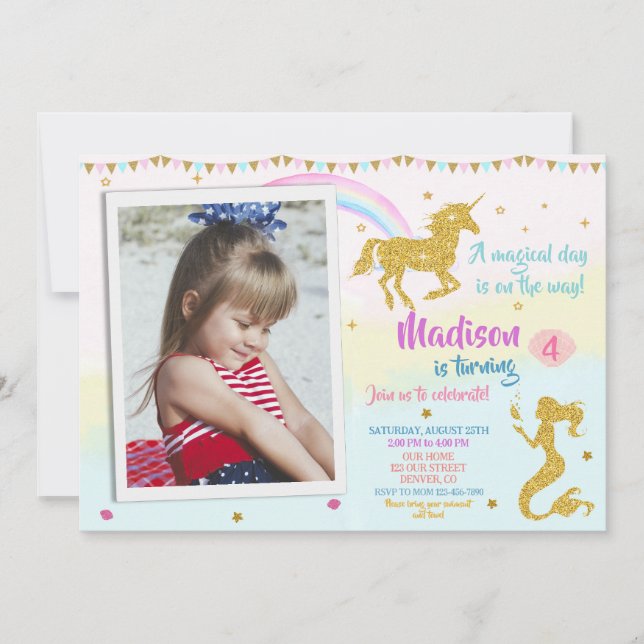 Photo unicorn and mermaid birthday invitation girl (Front)