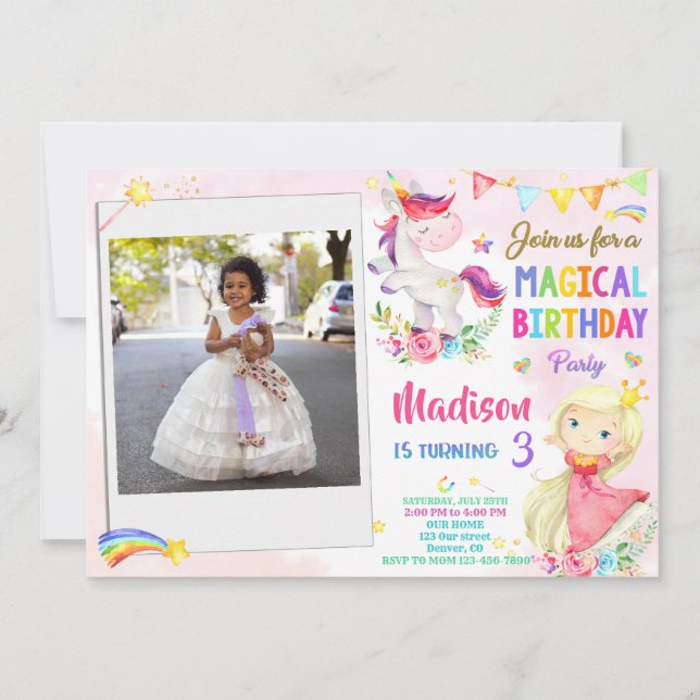 Photo Unicorn and Princess birthday invitation (Front)