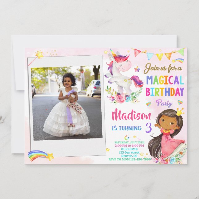 Photo Unicorn and Princess birthday invitation (Front)