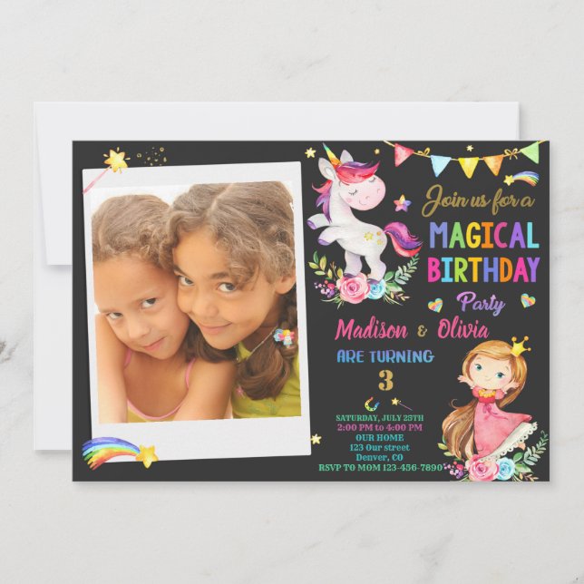 Photo Unicorn and Princess birthday invitation (Front)