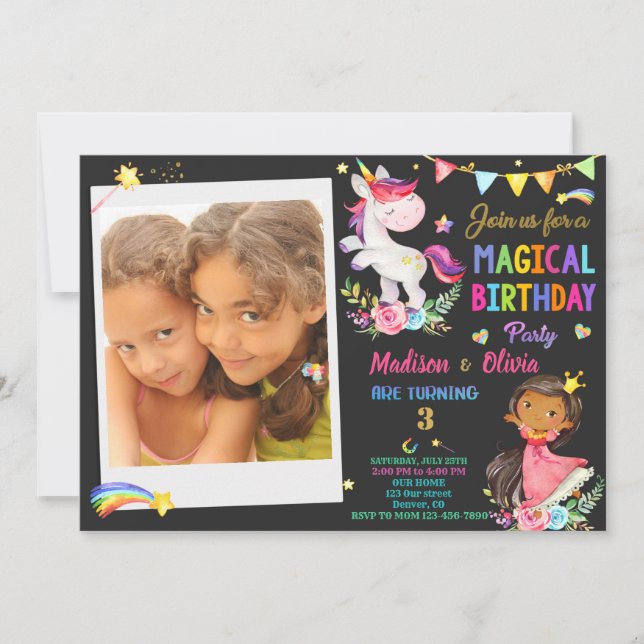 Photo Unicorn and Princess birthday invitation (Front)