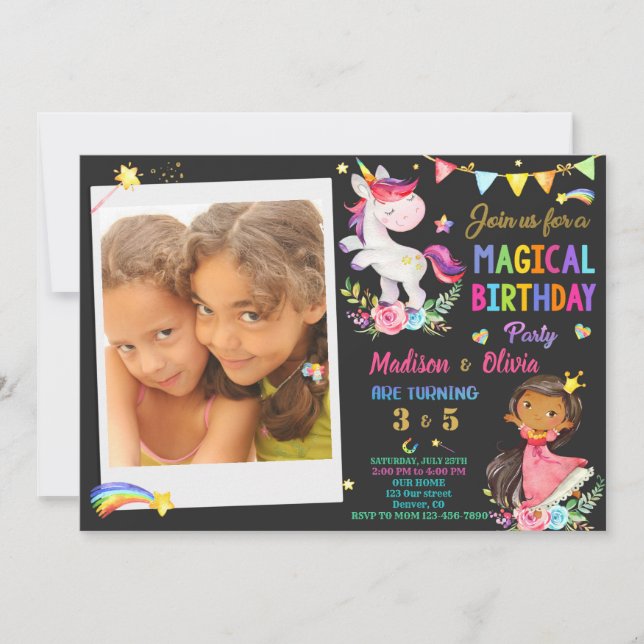 Photo Unicorn and Princess birthday invitation (Front)