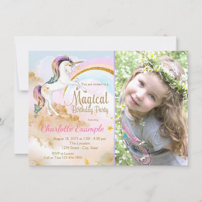 Photo Unicorn Birthday Party Invitations (Front)
