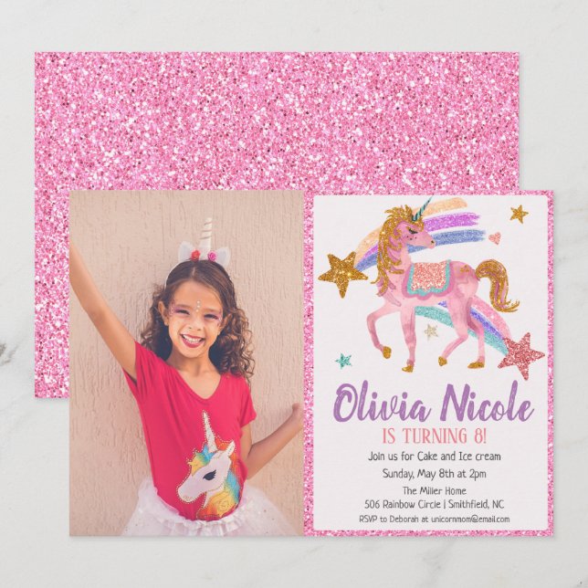 Photo Unicorn Glitter Birthday Invitation (Front/Back)