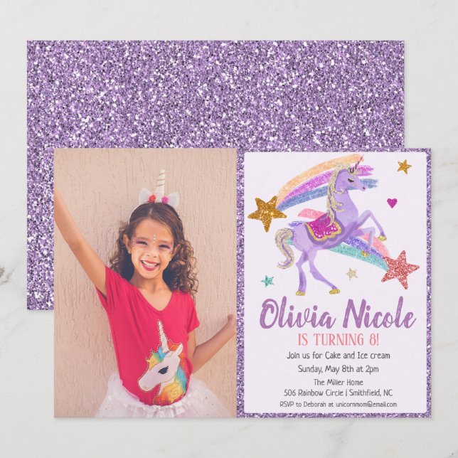 Photo Unicorn Glitter Birthday Invitation (Front/Back)