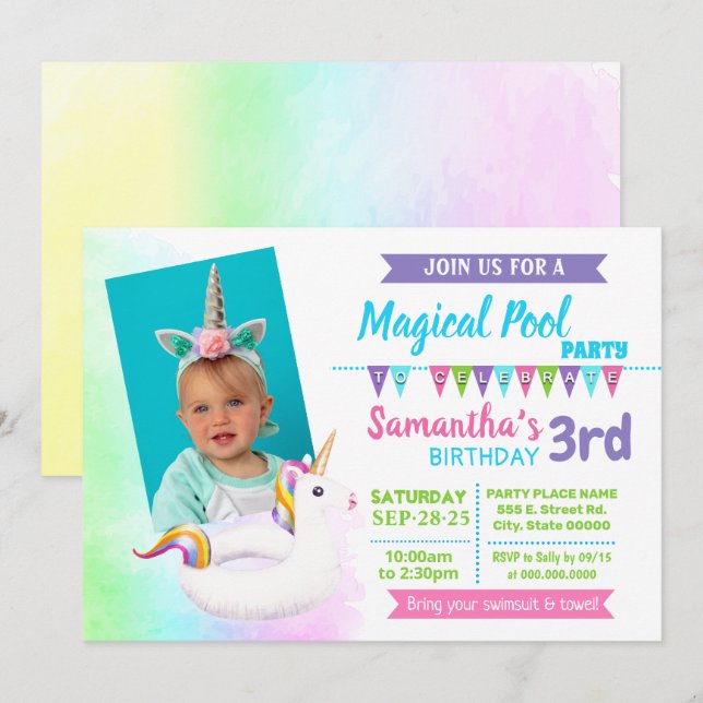 Photo Unicorn pool summer birthday party Invitation (Front/Back)