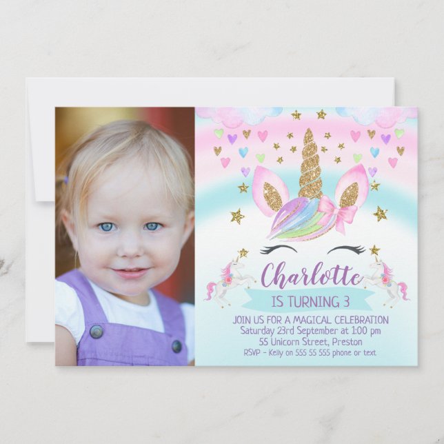 Photo Unicorn Rainbow Birthday Invitation (Front)