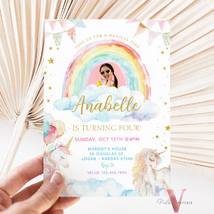 Photo Unicorn Rainbow Pastel Glitter Birthday Invitation