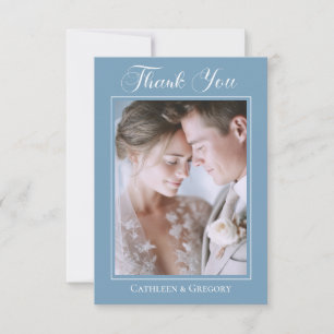 Photo Upload Dusty Blue Floral Wedding Calligraphy Thank You Card