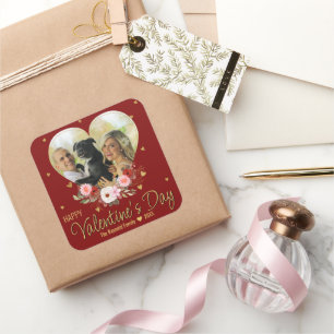 Photo Valentine's Day Heart Gold Glitter Heart Red Square Sticker